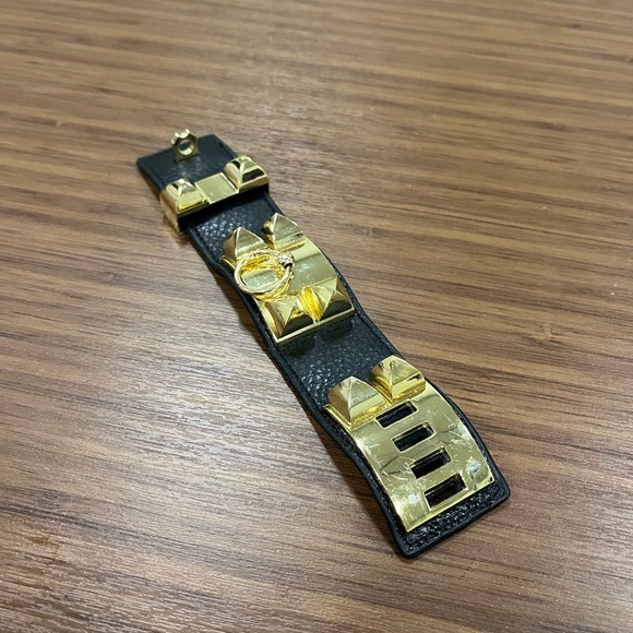 Hermes Collier de Chien leather cuff bracelet noir w/gold hardware fits 6” wrist - Picture 2 of 16